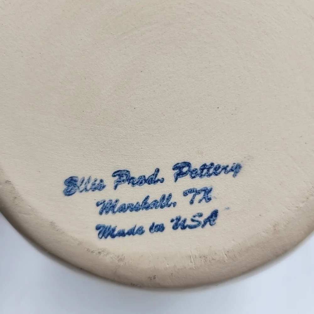 Vintage Ellis Prod Pottery Marshall TX Hand Painted & Signed Blue Heart Pitcher